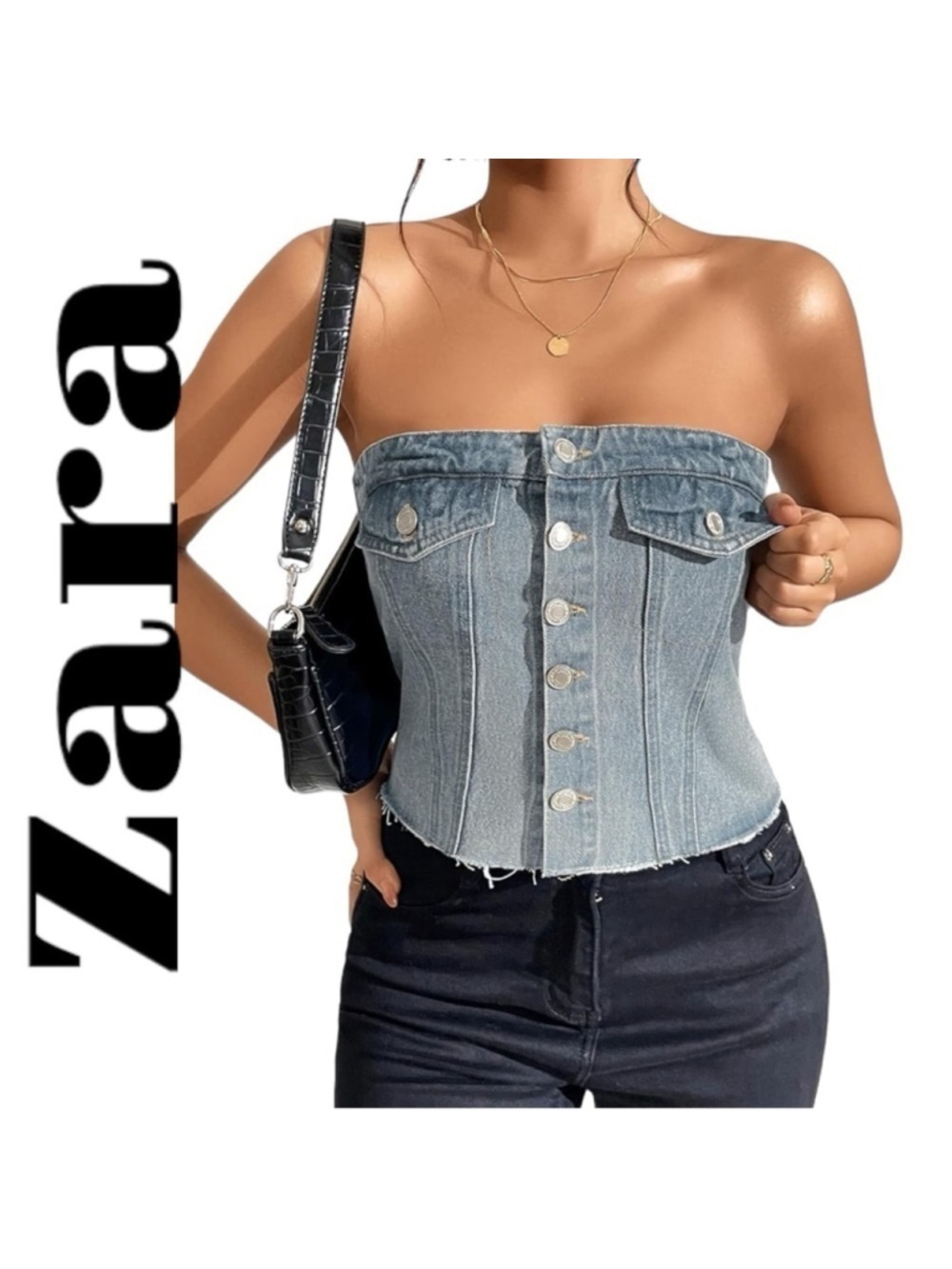 Zara sparkly denim button up corset top Jean sleeveless raw hem distressed Sz M